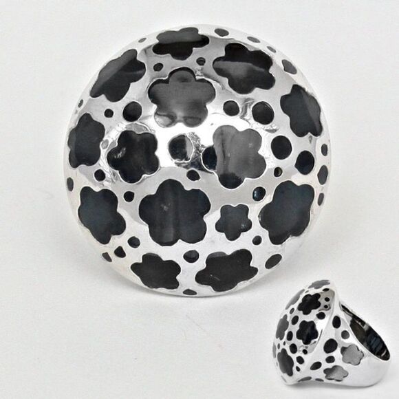 Black Enamel & Flower Rhodium Statement Dome Ring Size 8 - Picture 1 of 6